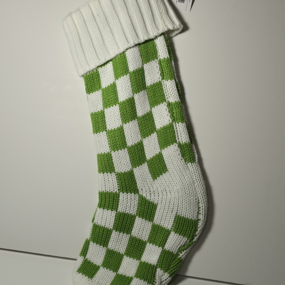 Green white checked knitted sock stocking nwt - Picture 2 of 2